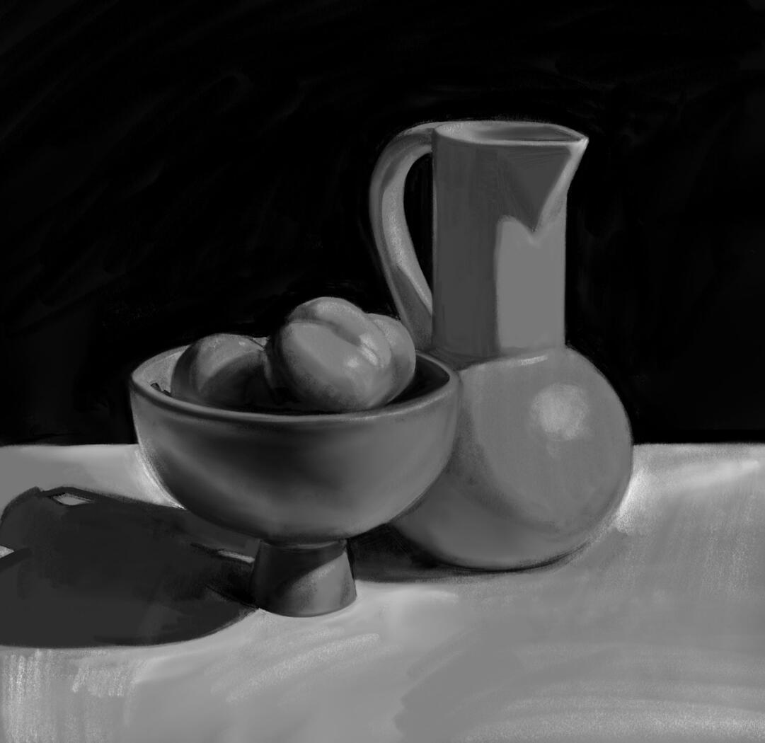 Netch & Nib: Digital Art Study of Still Life in black and white. Bowl of peaches and vase.