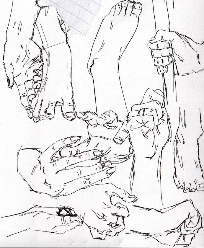 Netch & Nib: Study of hands and feet using pen & ink on drawing paper, 2020.