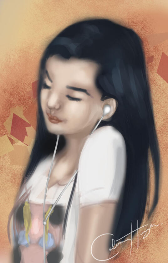 Netch & Nib: Untitled digital artwork of a girl with black hair with wired earphones listening to music.